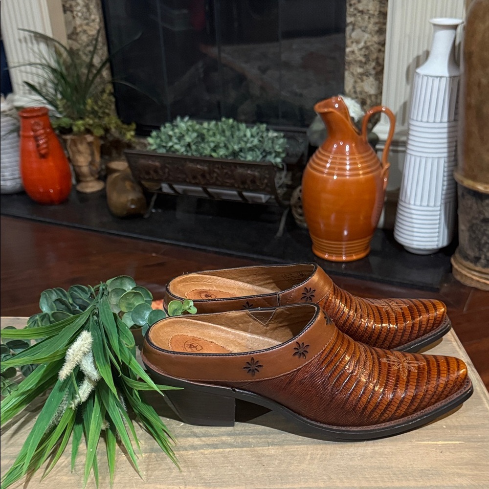 Ariat Desert Star Lizard Leather Clog Mules Size 8.5B Brown Block Heel Slip On